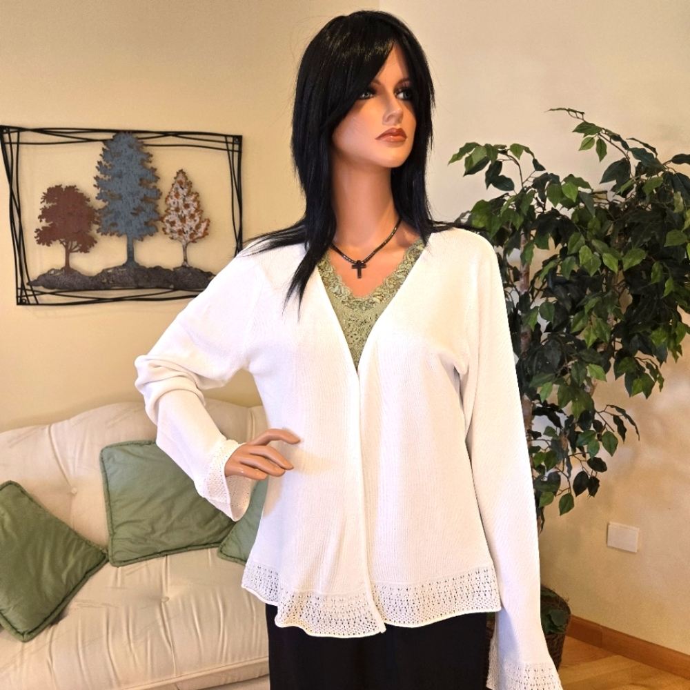 Vintage Tailor, B.Moss, Dressy White Long Sleeve Open Cardigan Tatting Size L